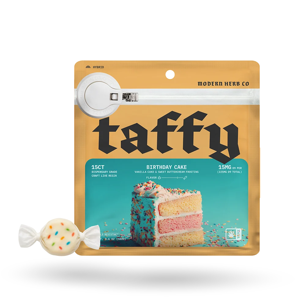 Live Resin D9 Taffy: Birthday Cake (Hybrid), 15ct